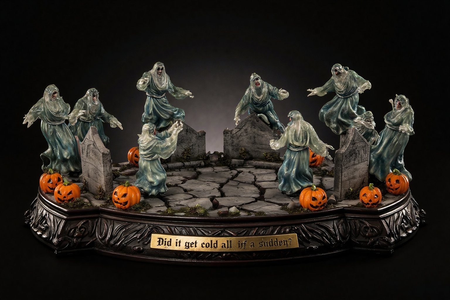  A super-realistic figure, multiple transparent spirits floating around multiple cracked tombstones surrounded by jack-o'-lanterns. The scene takes place on a polished ebony base with a brass nameplate. The nameplate at the feet reads "Did it get cold all of a sudden?", made of Resin.,a 3D rendering of a figurine 