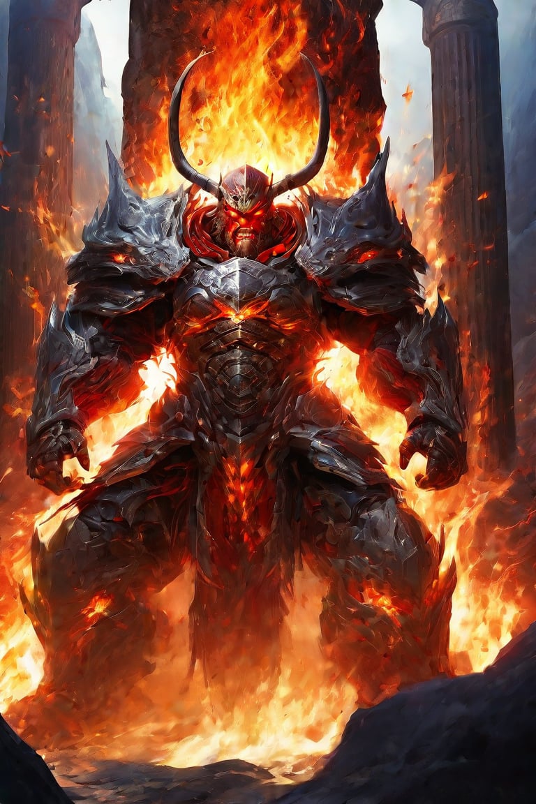 solo, open mouth, teeth, armor, no humans, fangs, fire, monster, pillar, molten rock,vibrant_colors,high_resolution,