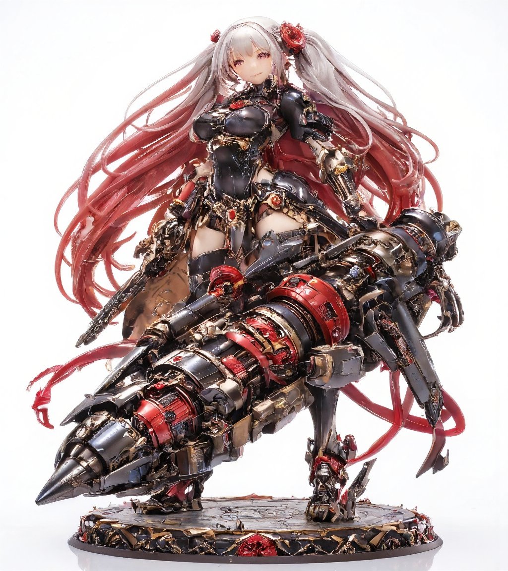 1girl,Anime-style illustration of a fierce young woman, wielding an enormous gatling gun, Character: dual-colored hair, (white and gold twintails), red flower accessories,Outfit: black and red dress with goth-inspired details, thigh-high boots. Expression: determined, slightly cocky smile,Pose: dynamic, holding massive weapon, body turned slightly,
Gatling gun: oversized, futuristic design. Black metal body with red accents and glowing parts. Multiple rotating barrels, complex mechanical details. Gun larger than the character herself,
Color scheme: primarily black and red with white accents,Style: highly detailed anime art, clean lines, emphasis on mechanical designs. Background: plain white, focus entirely on character and weapon.
Additional details: red ribbon-like elements flowing from dress and gun, intricate patterns on clothing and weapon, slight metallic sheen on gun parts. Overall impression: powerful, stylish fusion of traditional Asian aesthetics with futuristic weaponry.,Anime Style,fantasy girl,\mechako\,Resin,a 3D rendering of a figurine 