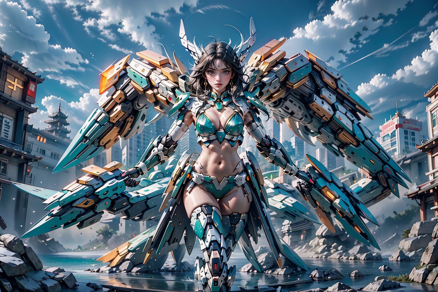 A mecha musume stands proudly in a futuristic cityscape, her black hair flowing behind her like a river of night. She wears a green bikini-armor set adorned with intricate dragon designs, complemented by an armoured mask that covers her Chinese-inspired face. The 5 Green Crystal Mecha Dragons looms large beside her, their scales glistening under the neon lights that illuminate the darkened metropolis.