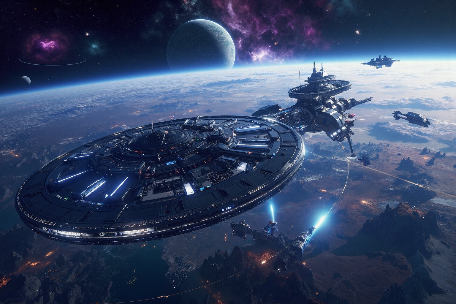 A massive,  futuristic space station orbits a sprawling alien planet,  its sleek metallic structure illuminated by the lig...