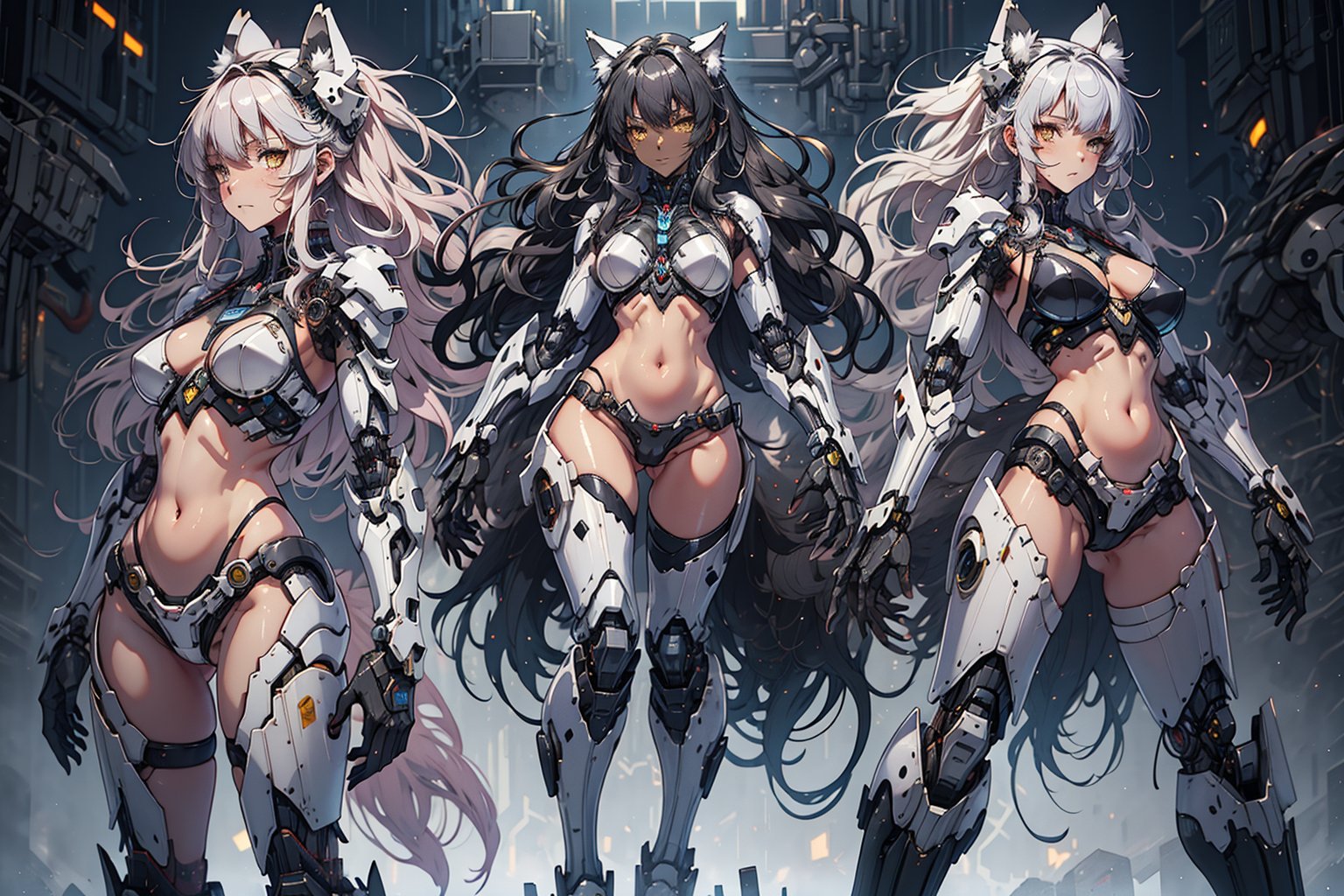 1girl,Wolf_girl,mecha_musume,(bikini_armor), exposed_belly, long_hair(black),black_hair, black_armor,mecha_girl_figure,Energy light particle mecha,robot_wolf,mecha,(full_body),were-wolf,More Detail,(dark_skin_female),claws