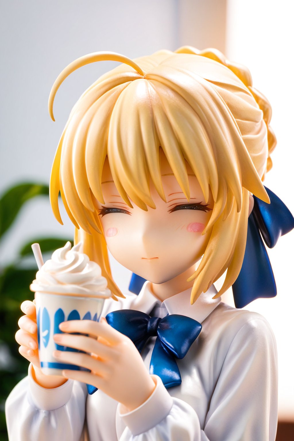 masterpiece,best quality,ultra-detailed,high resolution,perfect anatomy,beautiful detailed eyes, 1girl, solo, short hair, bangs, blonde hair, shirt, long sleeves, bow, ribbon, holding, closed eyes, hair ribbon, white shirt, upper body, braid, flower, ahoge, sidelocks, collared shirt, indoors, bowtie, cup, neck ribbon, blue bow, blush stickers, blue ribbon, blouse, holding cup, facing viewer, = =, blue bowtie, yunomi, artoria pendragon \(fate\), saber,saberB,score_9,score_8_up,score_7_up,3D,PVC Style,perfect hands,detailed hands