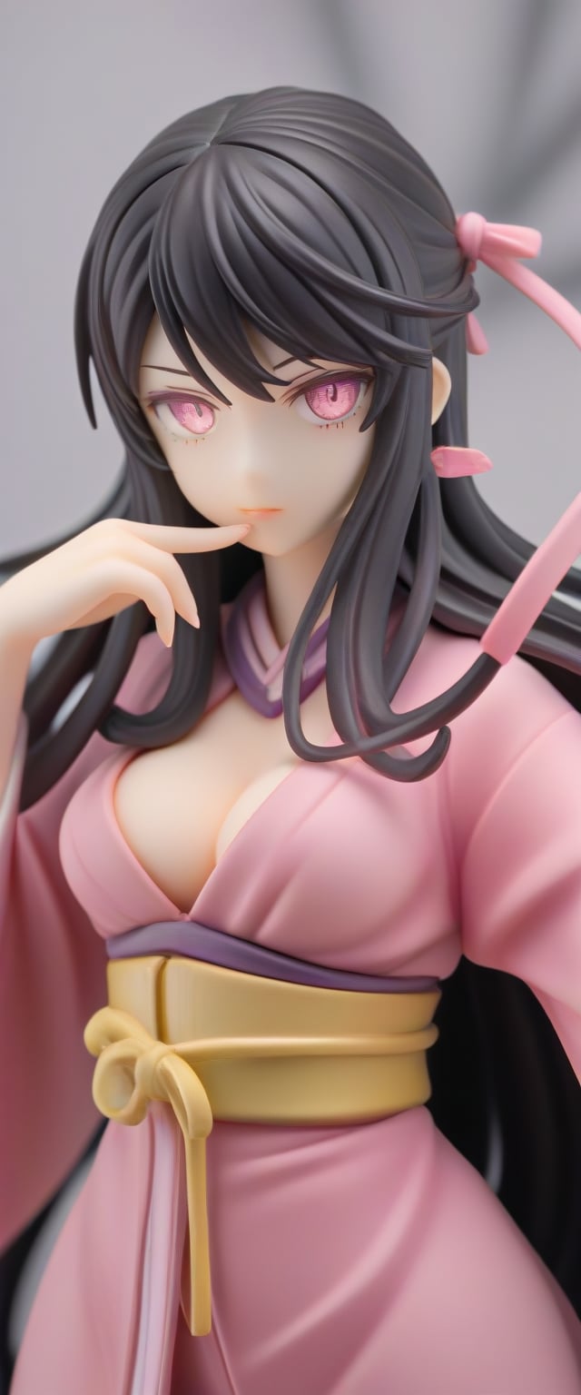 1girl, highly realistic, highly VFX, highly detailed, highly beautiful, highly glowing, highly beautiful, solo, long hair, breasts, looking at viewer, VFX black hair, ribbon, cleavage, medium breasts, hair ribbon, upper body, multicolored hair, VFX japanese clothes, VFX sleeveless, pink eyes, VFX kimono, lips, fingernails, sash, obi, slit pupils, index finger raised, finger to mouth, forehead, VFX pink ribbon, veins, sharp fingernails, VFX pink kimono, dark pink VFX, fill VFX, glowing VFX body, glowing VFX eyes, bamboo, shushing, VFX cracked skin, serious face, VFX glowing body, kamado nezuko, score_9_up, score_8_up,score_7_up,3D