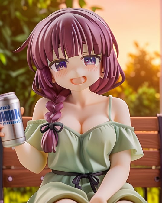 (masterpiece), best quality, expressive eyes, perfect face, score_9,kikuri hiroi, medium breasts, green dress, loose dress, bare_shoulder, cleavage, sitting on bench, looking at viewer, sleepy face, smiling, open mouth, blush, park background, solo, purple eyes, single_braid, black ribbon, holding beer can, score_9_up, score_8_up,score_7_up,3D,PVC Style,beautiful_female_fingers,perfect hands,detailed hands,beautiful hands