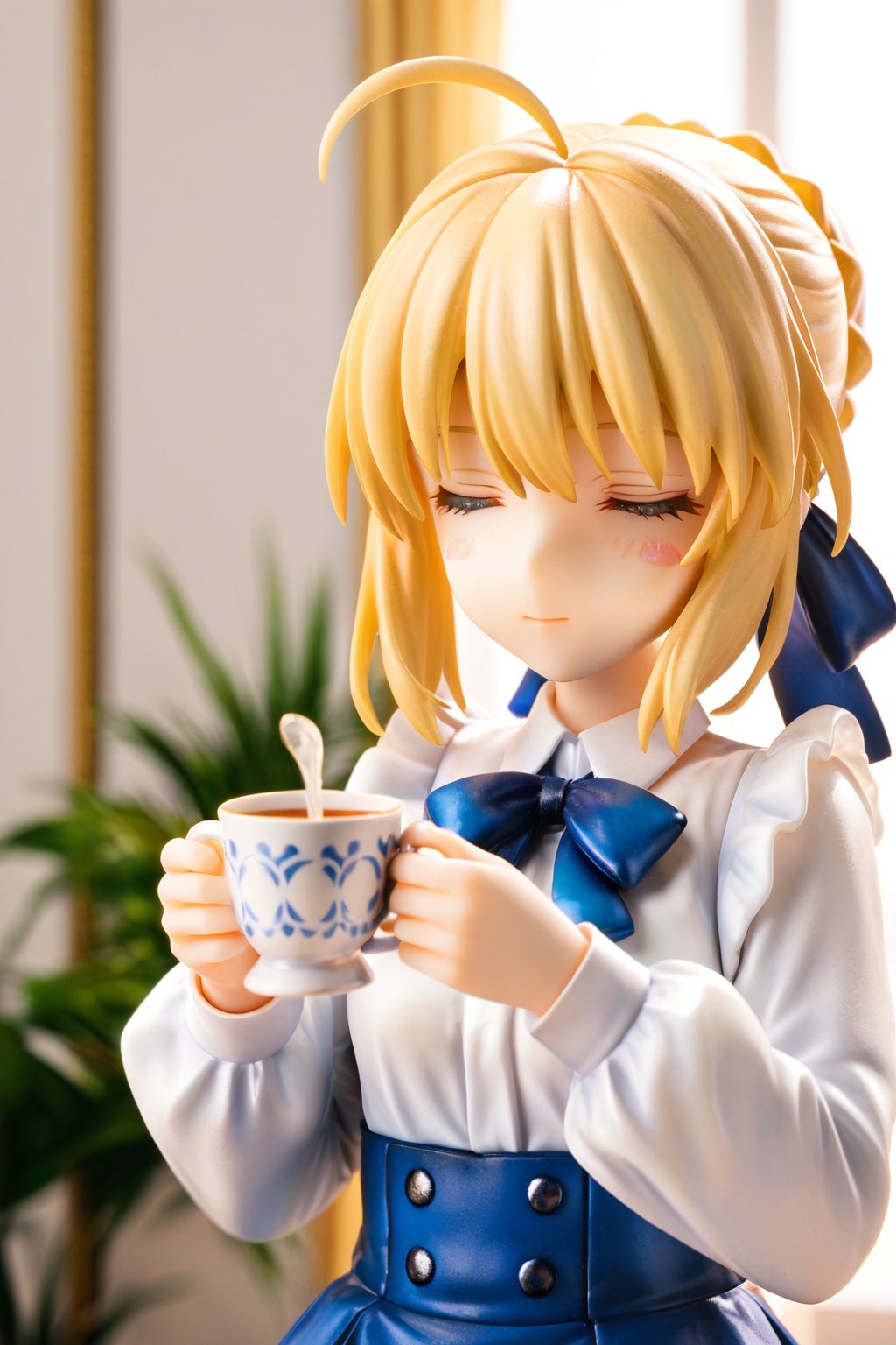 masterpiece,best quality,ultra-detailed,high resolution,perfect anatomy,beautiful detailed eyes, 1girl, solo, short hair, bangs, blonde hair, shirt, long sleeves, bow, ribbon, holding, closed eyes, hair ribbon, white shirt, upper body, braid, flower, ahoge, sidelocks, collared shirt, indoors, bowtie, cup, neck ribbon, blue bow, blush stickers, blue ribbon, blouse, holding cup, facing viewer, = =, blue bowtie, yunomi, artoria pendragon \(fate\), saber,saberB,score_9,score_8_up,score_7_up,3D,PVC Style,perfect hands,detailed hands