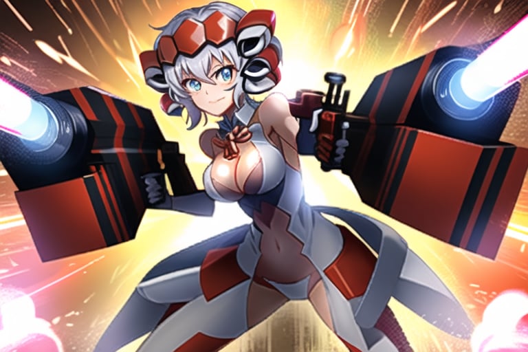 Close-up shot of YukineChris, her eyes locked intensely on the lens as she holds a futuristic-looking Gatling gun in each hand. The guns' rotating barrels spin rapidly, casting a metallic whirring sound against the darkened background. Her pose exudes confidence and authority, with one gun pointing directly at the camera while the other is cocked and ready to fire.