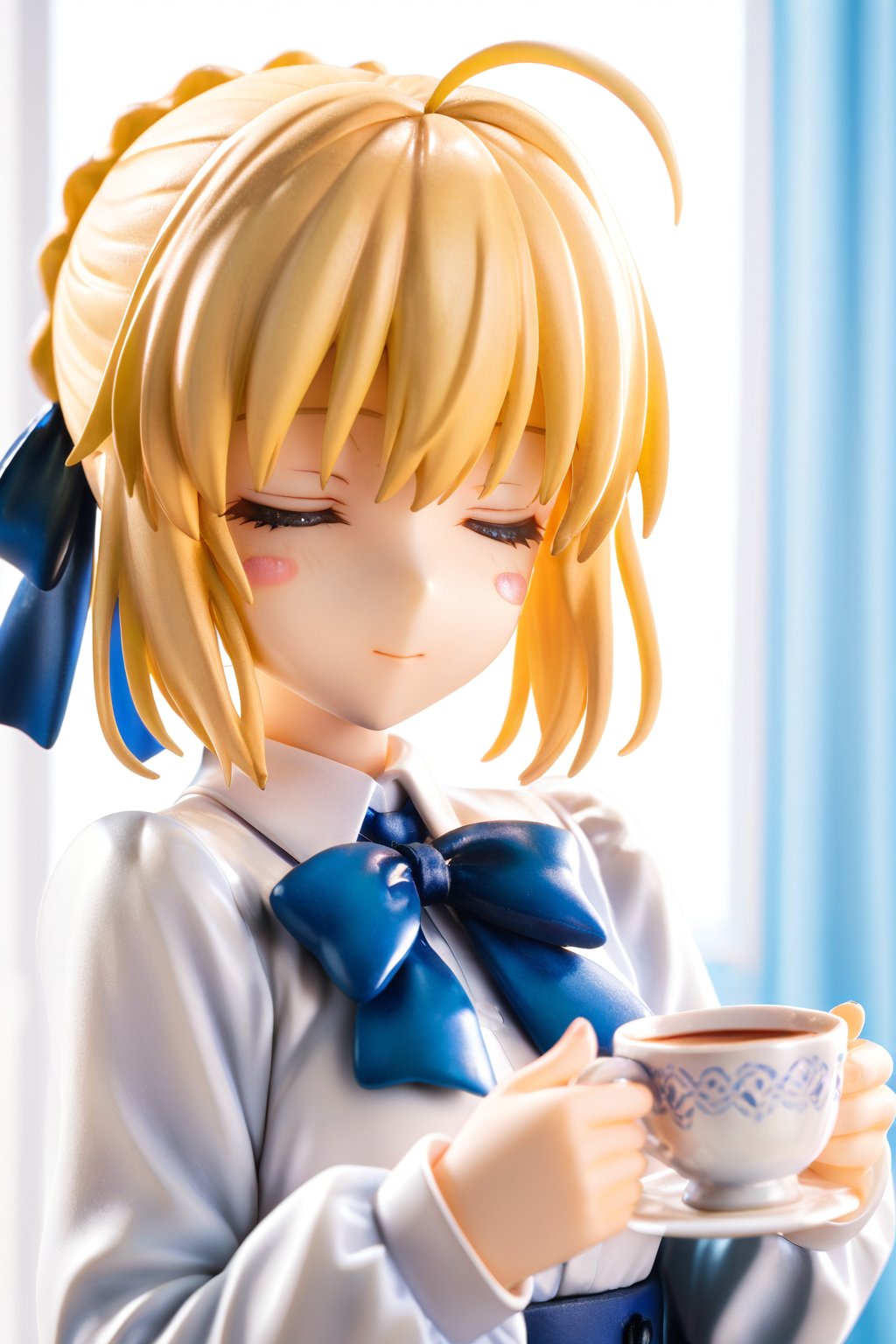 masterpiece,best quality,ultra-detailed,high resolution,perfect anatomy,beautiful detailed eyes, 1girl, solo, short hair, bangs, blonde hair, shirt, long sleeves, bow, ribbon, holding, closed eyes, hair ribbon, white shirt, upper body, braid, flower, ahoge, sidelocks, collared shirt, indoors, bowtie, cup, neck ribbon, blue bow, blush stickers, blue ribbon, blouse, holding cup, facing viewer, = =, blue bowtie, yunomi, artoria pendragon \(fate\), saber,saberB,score_9,score_8_up,score_7_up,3D,PVC Style