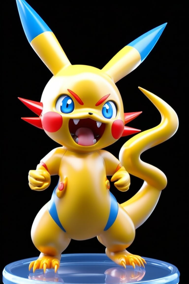 solo, open mouth, blue eyes, simple background, standing, full body, tongue, tongue out, pokemon \(creature\), no humans, fangs, black background, claws, animal focus,3D,PVC