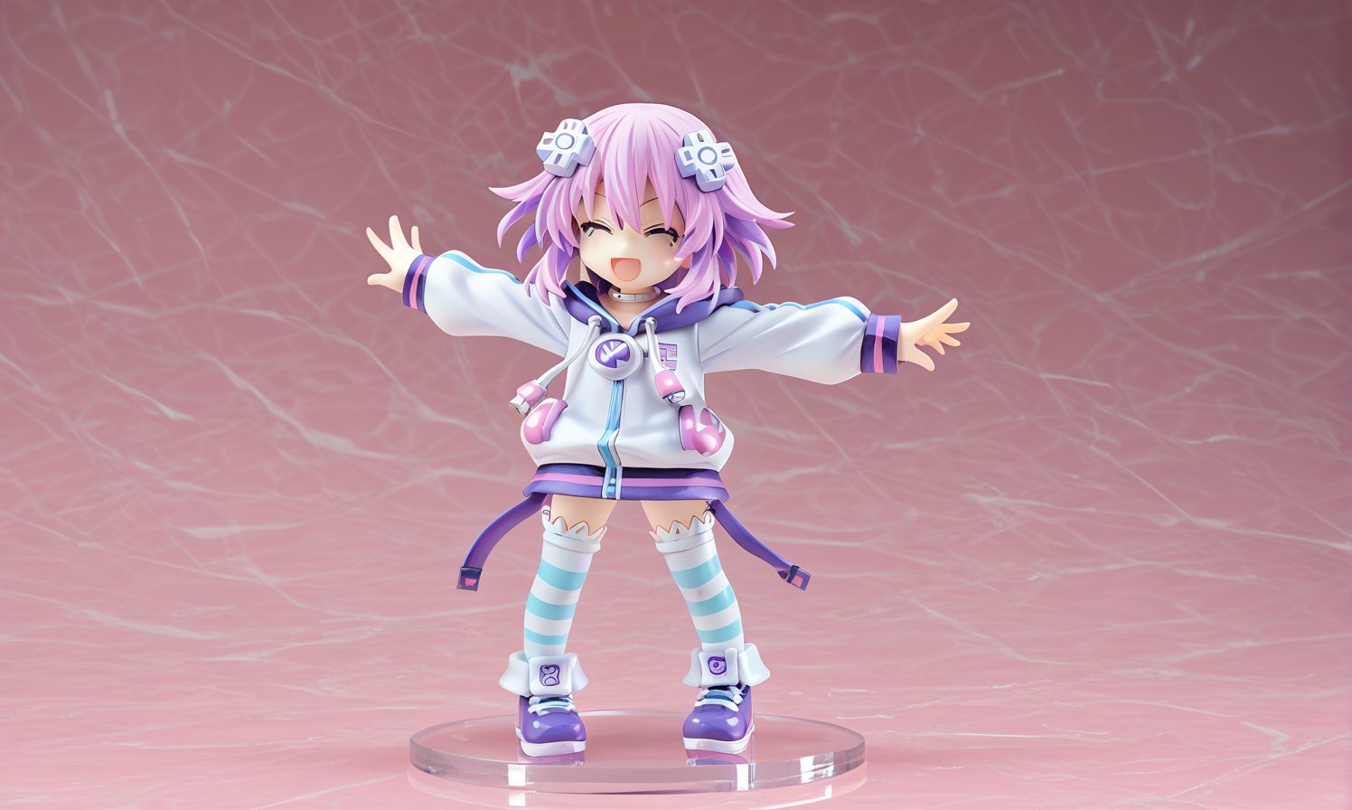 ore_9,score_9,score_8_up,score_7_up,ClrSkt,Neptune \(neptunia)\, purple eyes, purple hair, short hair, sidelocks, d-pad hair ornament, choker, shoes, white choker, hoodie, jacket, striped, striped legwear, thighhighs, (>3<),(>_<),((XD face)), ((>< Closed-Eyes Smile)), ((chibi character)), (chibi), spoken heart, solo, 1girl, action pose, punching,3D,PVC Style