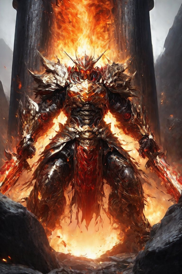 solo, open mouth, teeth, armor, no humans, fangs, fire, monster, pillar, molten rock,vibrant_colors,high_resolution