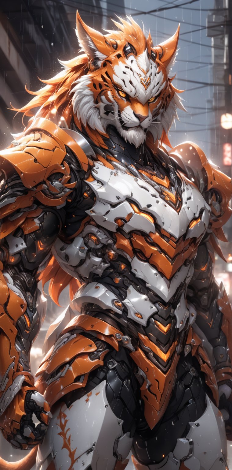 solo, long hair, looking at viewer, 1lion, animal ears, male focus, orange hair, armor, blurry, muscular, feet out of frame, scar, pectorals, muscular male, shoulder white armor, bara, pelvic curtain, furry, clenched hands, large pectorals, rain, furry male, tiger ears, lion boy, orange fur, mechanical arms,TR mecha style, (score_9, score_8_up, score_7_up, score_6_up), Dragon,SDXL