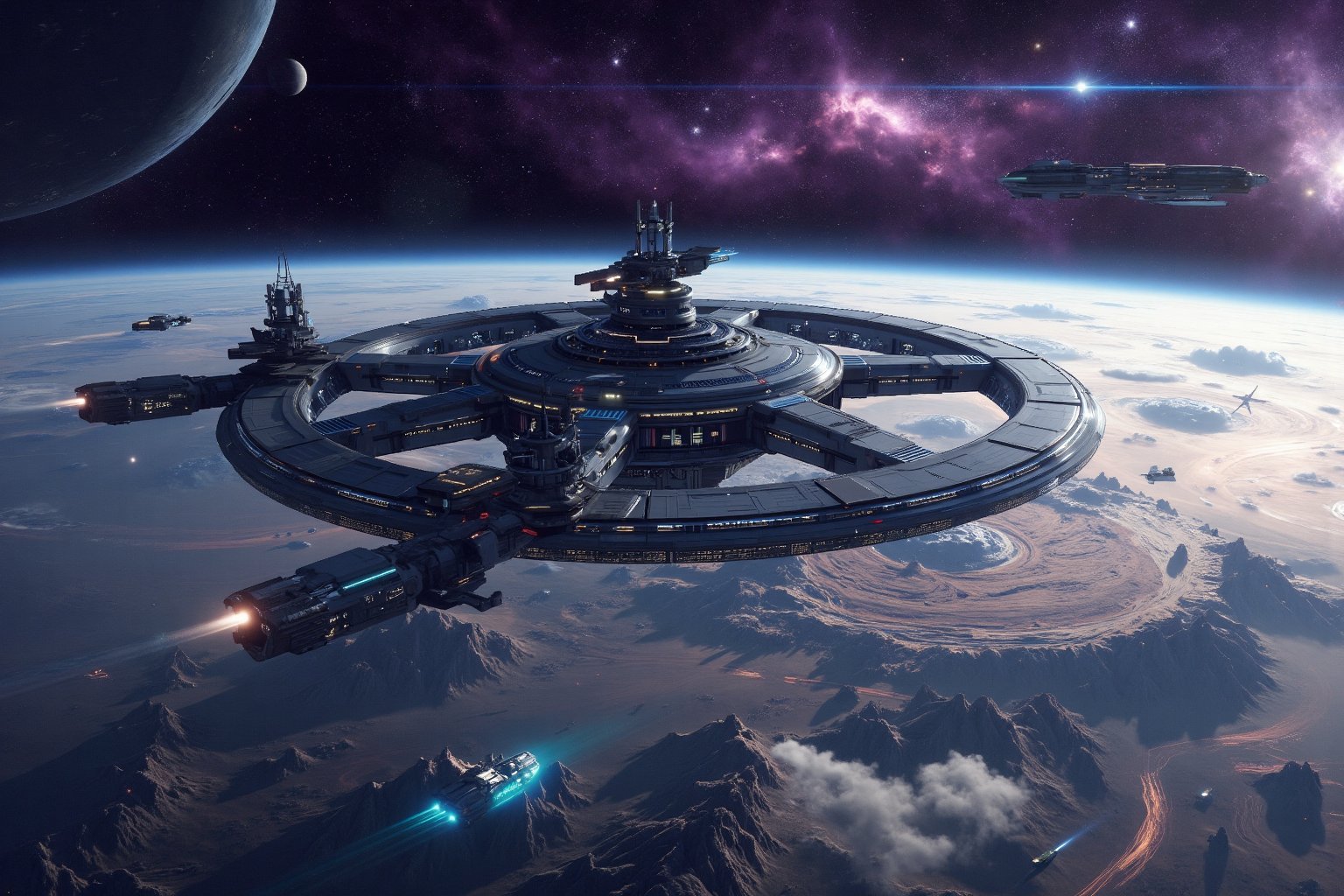 A massive,  futuristic space station orbits high above a sprawling alien planet,  its sleek metallic structure illuminated...