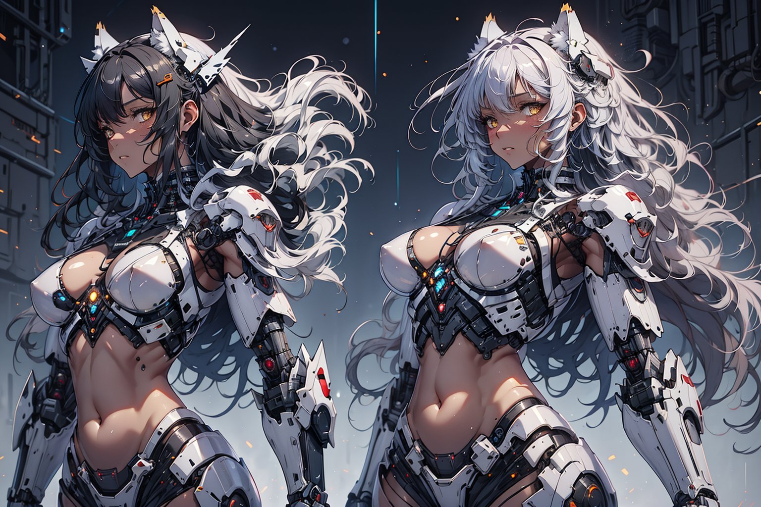 1girl,Wolf_girl,mecha_musume,(bikini_armor), exposed_belly, long_hair(black),black_hair, black_armor,mecha_girl_figure,Energy light particle mecha,robot_wolf,mecha,(full_body),were-wolf,More Detail,(dark_skin_female),claws