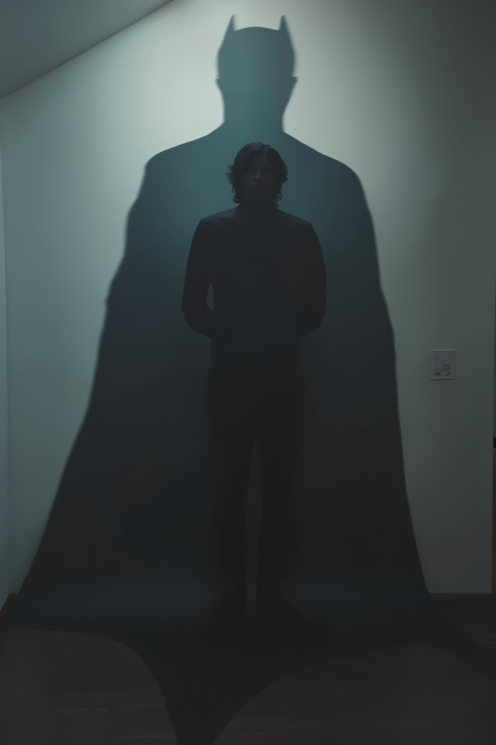 T_shirt,Design(Photo of Bruce Wayne, standing pose, 10yo, sadness, his shadow is in the shape of Batman. Dramatic scene, cinematic lighting, perfect image, best quality, best image, masterpiece, UHD, 16K.,)full length shirt