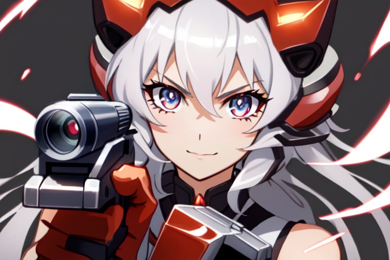 Close-up shot of YukineChris, her eyes locked intensely on the lens as she holds a futuristic-looking Gatling gun in each hand. The guns' rotating barrels spin rapidly, casting a metallic whirring sound against the darkened background. Her pose exudes confidence and authority, with one gun pointing directly at the camera while the other is cocked and ready to fire.