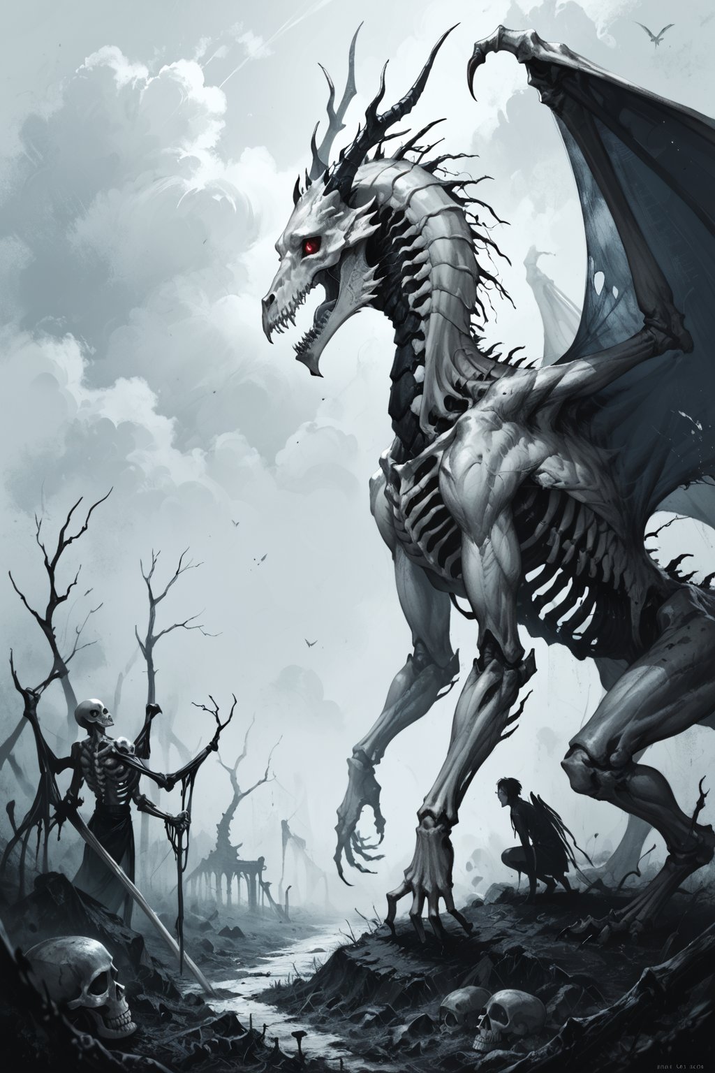 Giant Skeleton dragon,ribs,decay,flesh,wings,cloud,Dark ,Moody Atmosphere,score_9,score_8_up,score_7_up