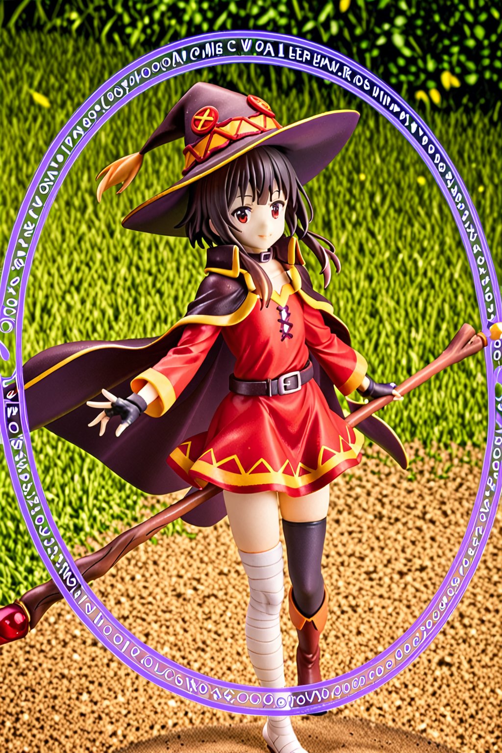 score_9, score_8_up, score_7_up, masterpiece, best quality, high quality, detailed, extremely detailed,
official_art,

1girl, megumin (konosuba), nimugempnxl, short hair, black hair, red eyes, short hair with long locks, beautiful face, kawaii,

thighhighs, gloves, hat, dress, black gloves, belt, black thighhighs, fingerless gloves, cape, collar, witch hat, bandages, red dress, single thighhigh, asymmetrical legwear, bandaged leg,
solo, cowboy shot, fantasy field, 

, ((holding big wood staff)), magic effect, many, magic circle, Thunder, night, from above,

5_fingers, beautiful_female_fingers, score_9_up,3D,PVC Style