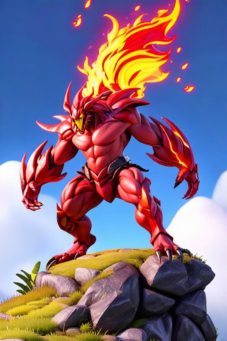 an evil man stands on a hill top. He uses the magic spell and turns into a powerful fire magic \(ek_ge1frt\) monster,ek_game_3ffect,red_scales,Large_claws,3D,PVC,vibrant_colors,high_resolution