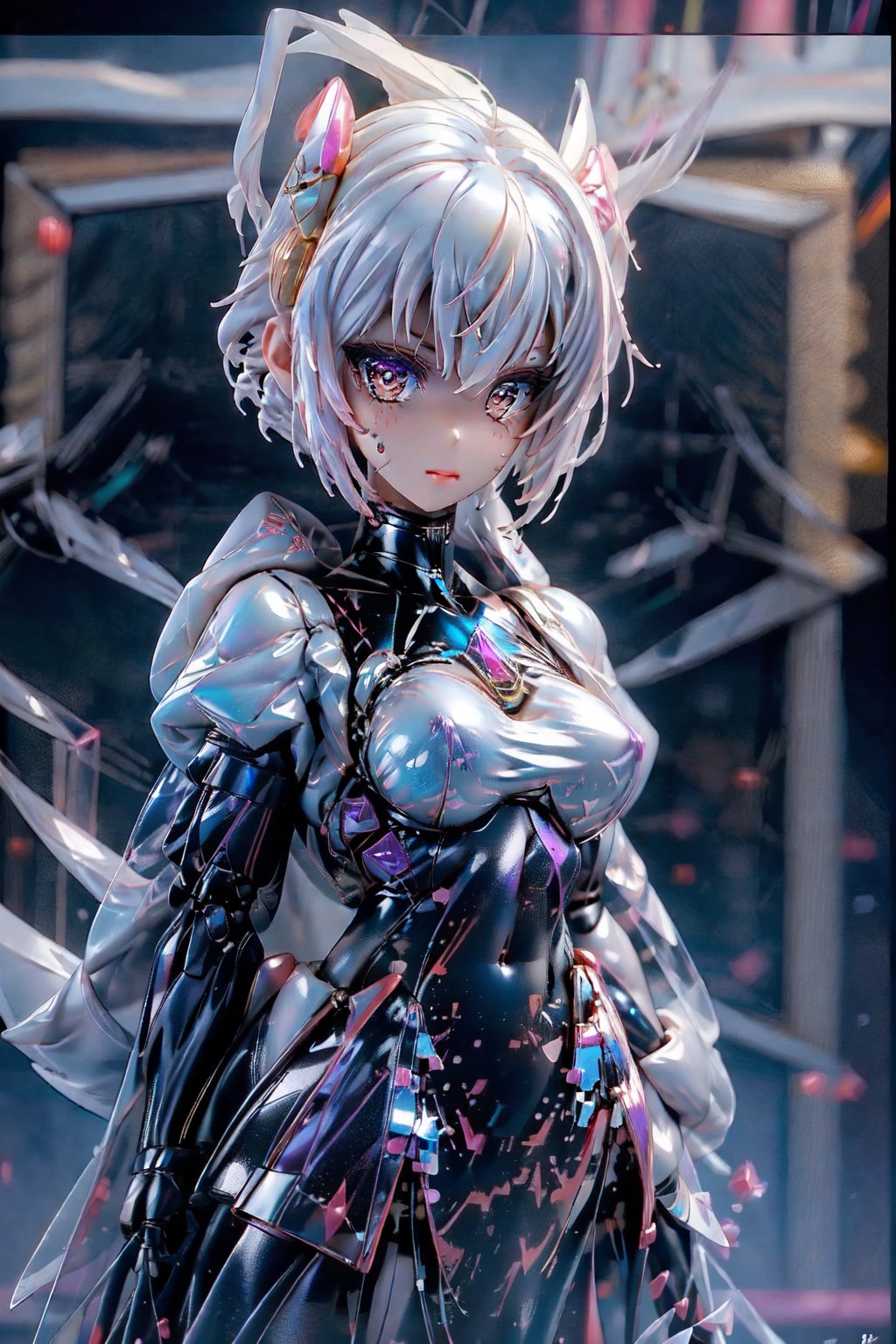 Dark aesthetic,  (tiny cute translucent polycarbonate sci-fi robots), polycarbonate plastic frame, stunning unreal engine render, intricate details,( robot girl), Oil Painting