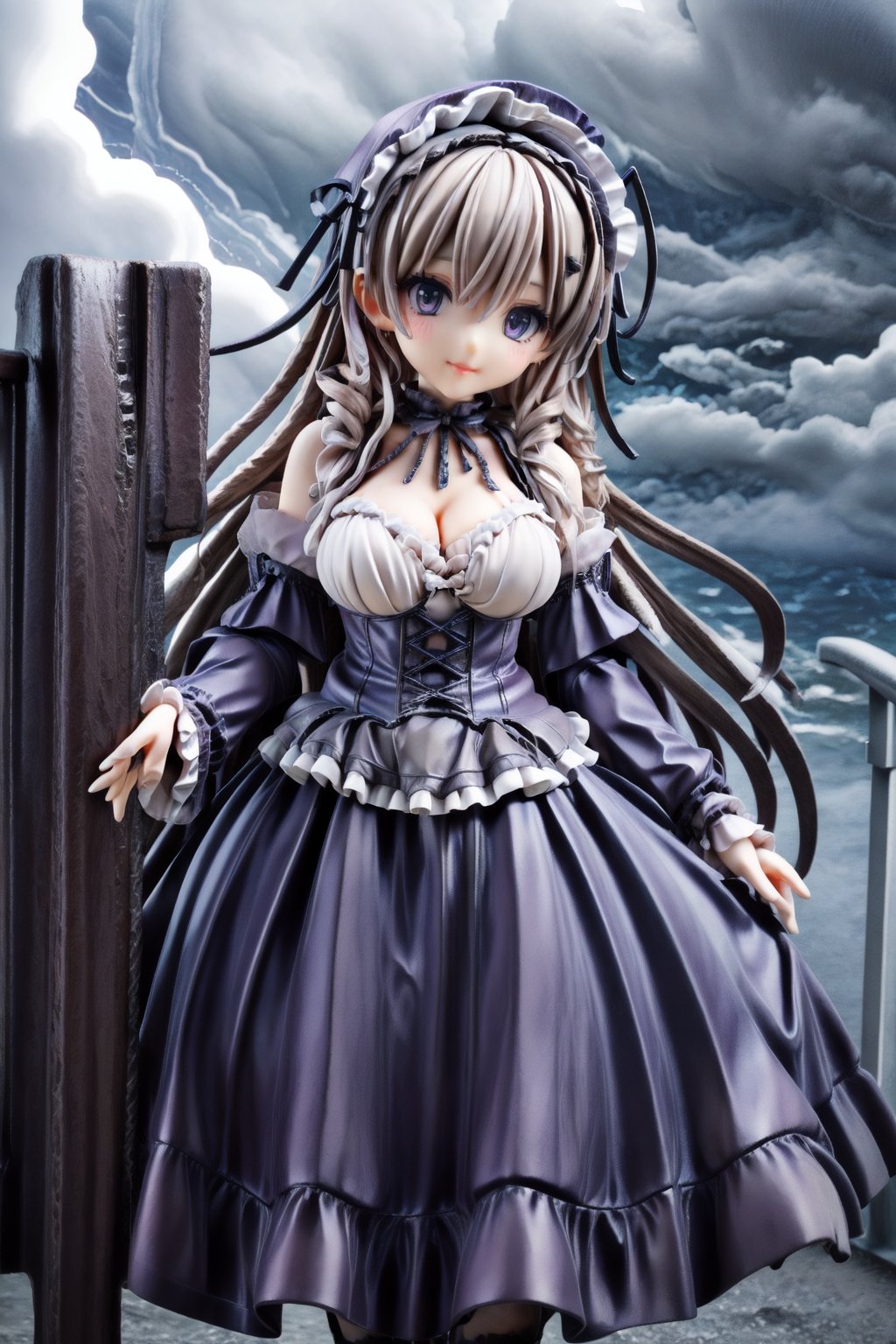 ((Gothic Lolita girl)), lighthouse, stormy seas, dramatic cliffs, swirling mist, haunting atmosphere,lodress, score_9_up, score_8_up, score_7_up,PVC