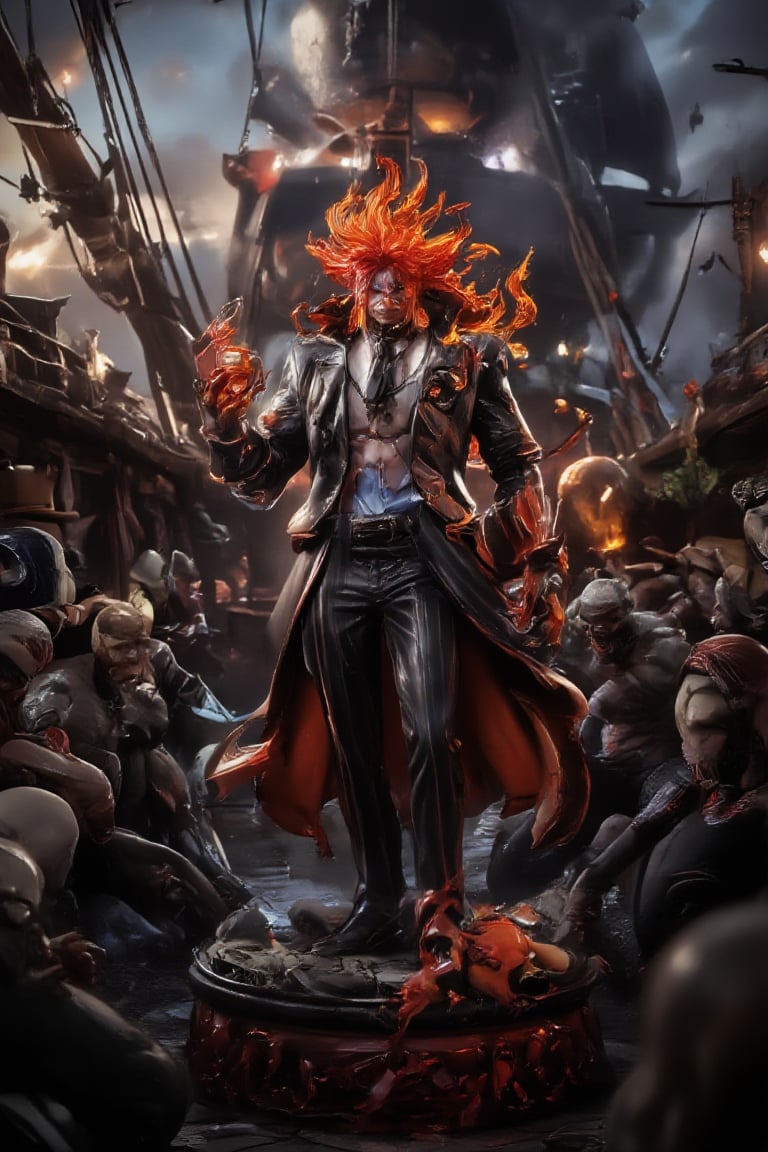 Full-body portrait of Mr. 3 from One Piece, wearing his classic striped suit and black tie, with hair shaped into a flaming number 3. Halloween-themed design, combining spooky zombie elements. The scene is set aboard the Thousand Sunny, with the large triple-sailed ship in the background. The scene mixes realistic textures with animation style, creating a surreal and captivating atmosphere. Mr. 3 stands among zombies, holding a wax sculpture of a skull, blending spooky and adventurous vibes. Enhanced all, Fantasy detailers,Spooky  Art Drawing,FANGS,Resin,a 3D rendering of a figurine 