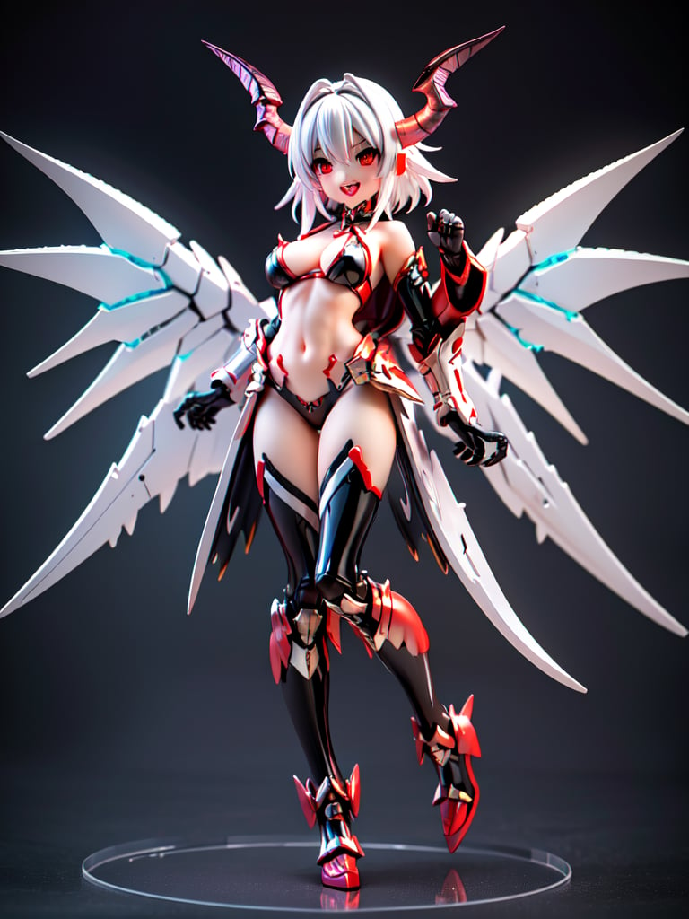 solo, red eyes, 1boy, male focus, wings, horns, teeth, armor, glowing, sharp teeth, black background, glowing eyes, claws, monster,masterpiece,best quality,mecha musume,PVC style,3D,kenkou cross style,MGE,MGE style, score_9_up, score_8_up, score_7_up