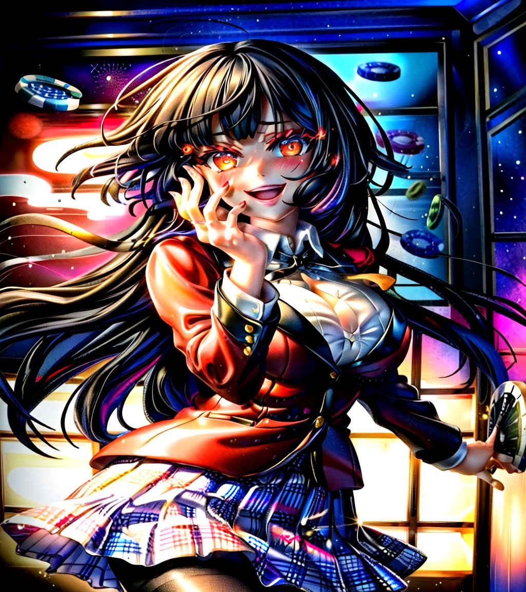 masterpiece, best quality, highres, hmjy1, long hair, blunt bangs, red eyes, school uniform, red jacket, blazer, pantyhose, white shirt, black ribbon, pleated skirt, , cowboy shot, blush, indoors, casino, glowing eyes, outstretched arm, evil smile, open mouth,