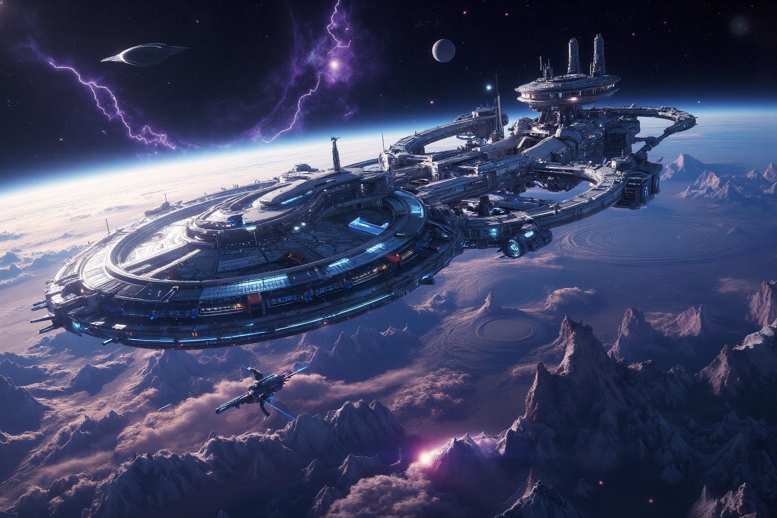 A massive,  futuristic space station,  its sleek metallic structure illuminated by the light of distant stars. The station...