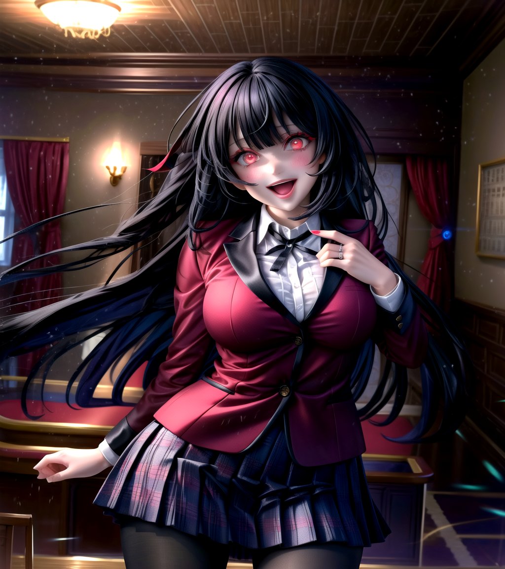 masterpiece, best quality, highres, hmjy1, long hair, blunt bangs, red eyes, school uniform, red jacket, blazer, pantyhose, white shirt, black ribbon, pleated skirt, , cowboy shot, blush, indoors, casino, glowing eyes, outstretched arm, evil smile, open mouth,