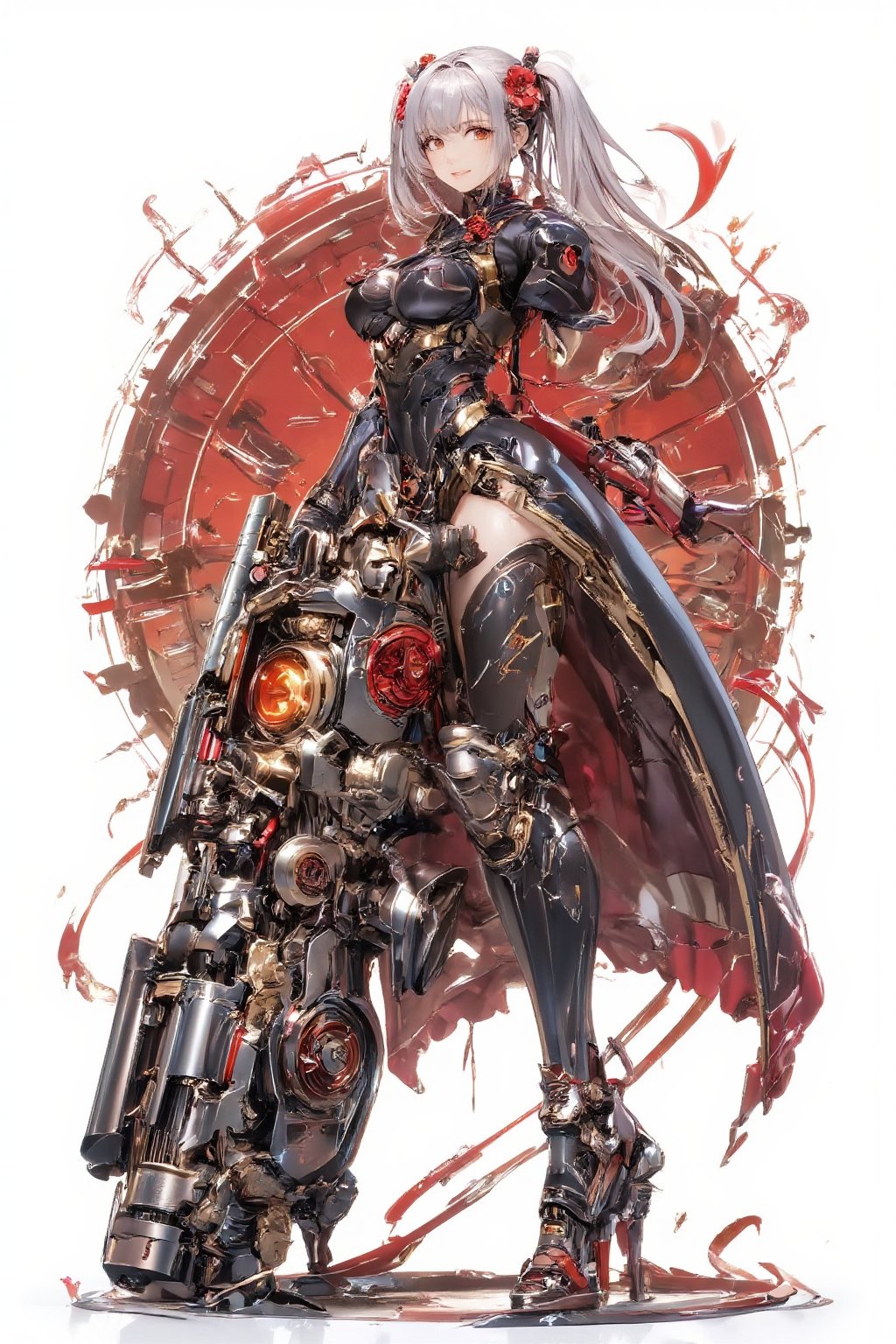 1girl,Anime-style illustration of a fierce young woman, wielding an enormous gatling gun, Character: dual-colored hair, (white and gold twintails), red flower accessories,Outfit: black and red dress with goth-inspired details, thigh-high boots. Expression: determined, slightly cocky smile,Pose: dynamic, holding massive weapon, body turned slightly,
Gatling gun: oversized, futuristic design. Black metal body with red accents and glowing parts. Multiple rotating barrels, complex mechanical details. Gun larger than the character herself,
Color scheme: primarily black and red with white accents,Style: highly detailed anime art, clean lines, emphasis on mechanical designs. Background: plain white, focus entirely on character and weapon.
Additional details: red ribbon-like elements flowing from dress and gun, intricate patterns on clothing and weapon, slight metallic sheen on gun parts. Overall impression: powerful, stylish fusion of traditional Asian aesthetics with futuristic weaponry.,Anime Style,fantasy girl,\mechako\,Resin