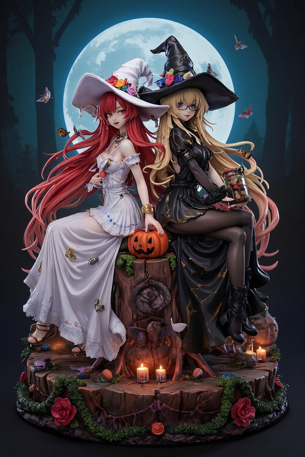 ink outline, fine detail rendered, colorful, horror style, Two witches, adorable, cute, kawaii, A witch in white and a witch in black are e sitting on stumps back to back, looking at us. The witch in white has very long red hair, red eyes, wearing a long white dress and a white witch's hat, sandals. The witch in black has very long blond hair, wears glasses, blue eyes, a black mini-length dress, black pantyhose and black boots. The white witch holds a haunted pumpkin with both hands, while the black witch holds a large jar full of candy. They are surrounded by colorful candles and flowers. They look very close and happy. stunning embroidered dress and witch's hat, stunningly crafted jewelry, full body, bluish-white full moon, deep forest, butterflies, fantastic, mysterious, most fashionable, most stylish, dark background, detailed background, every detail is rendered in superb detail, perfect composition, masterpiece, best quality, 8k, ultra-detailed, very clear, perfect anatomy, anatomically correct hands, beautiful face, beautiful eyes, detailed eyes, beautiful hair, detailed hair,An anime pvc figure of <...>,Resin,a 3D rendering of a figurine 