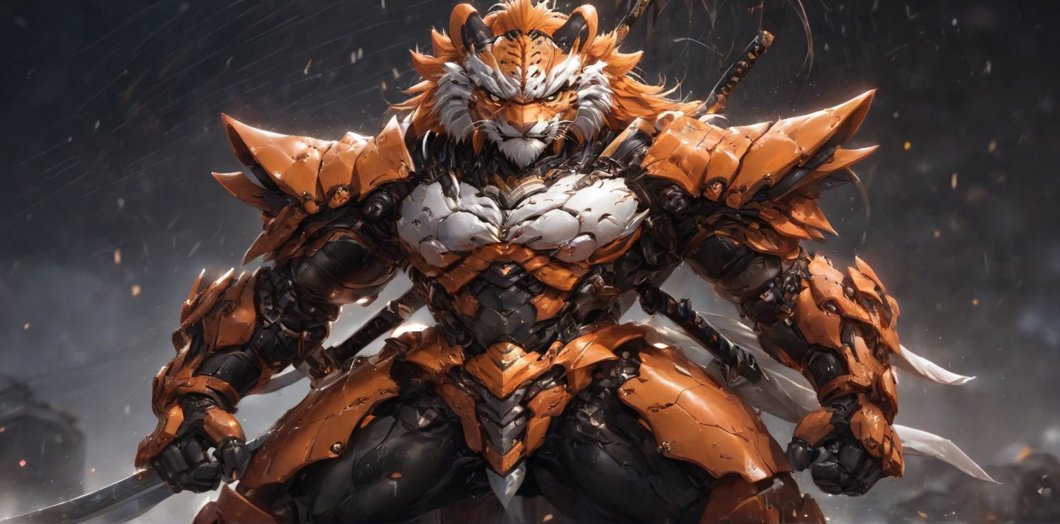 solo, long hair, looking at viewer, 5lions, animal ears, male focus, orange hair, armor, blurry, muscular, feet out of frame, scar, pectorals, muscular male, shoulder white armor, bara, pelvic curtain, furry, clenched hands, large pectorals, rain, furry male, tiger ears, lion boy, orange fur, mechanical arms,TR mecha style, (score_9, score_8_up, score_7_up, score_6_up), Dragon,SDXL, 4arms,shogun style