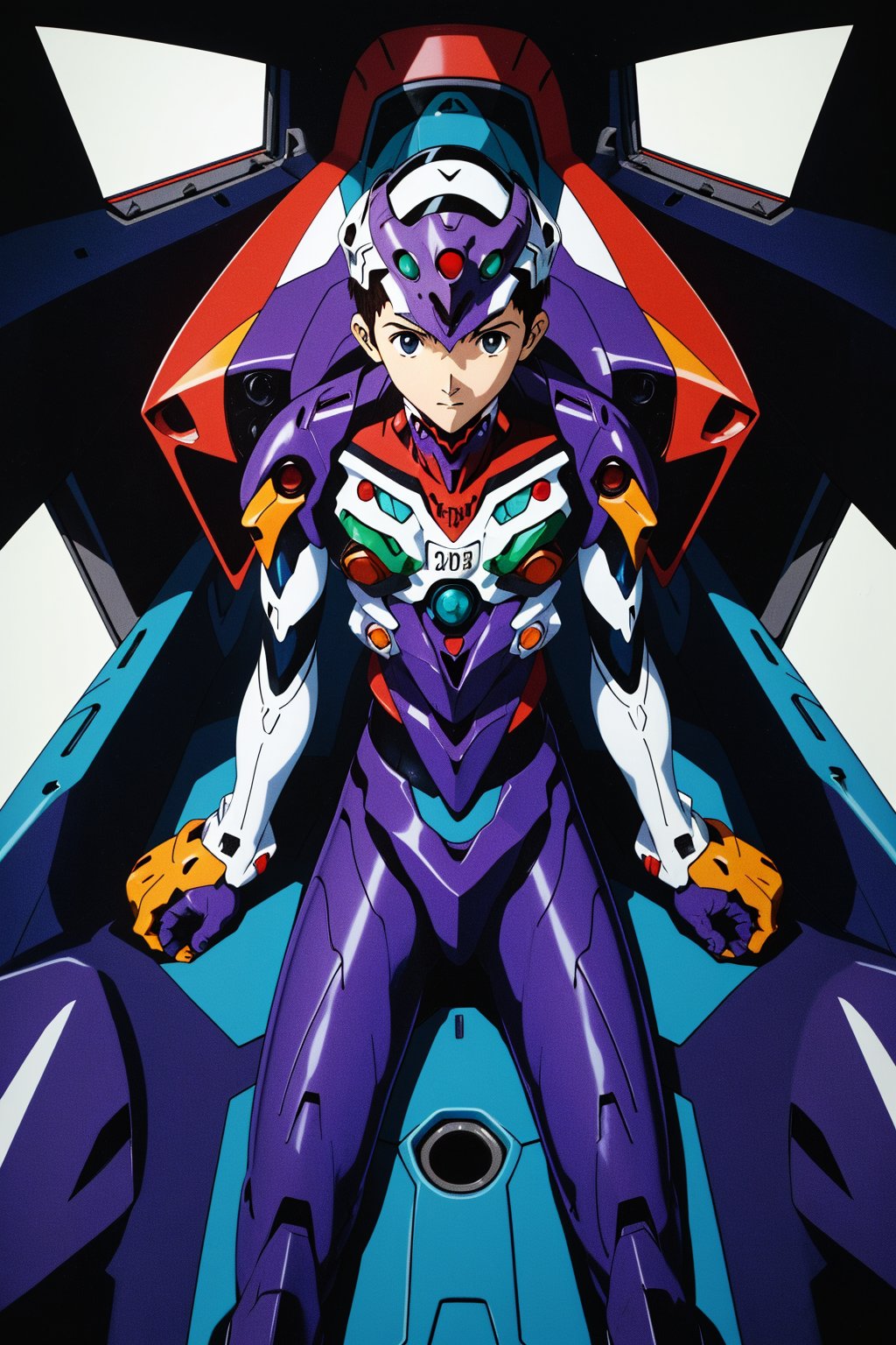 multiple_views,  1boy Shinji ikari piloting eva01(evangelion mecha) as a baby. Baby Shinji is seen in the cockpit in his p...