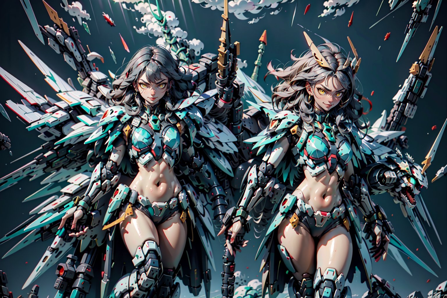 1girl,mecha musume,Dragon_armor,black_hair,long_hair,Chinese face,bikini_armor,mecha_musume,armored_mask,Green Crystal Mecha,robot_hydra(5 heads around the character)