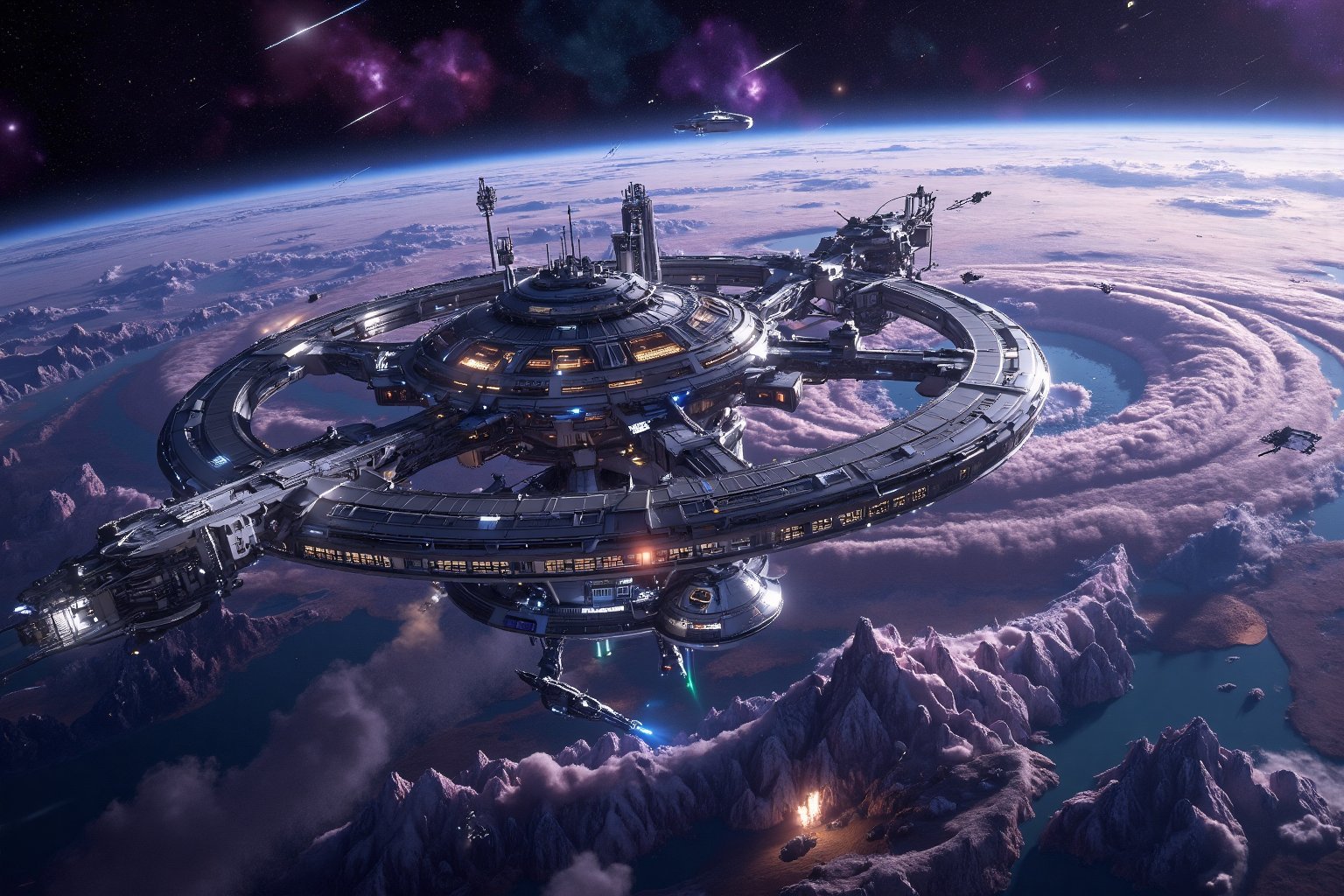 A massive,  futuristic space station,  its sleek metallic structure illuminated by the light of distant stars streaking ac...