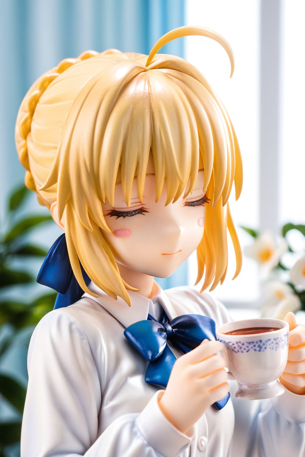 masterpiece,best quality,ultra-detailed,high resolution,perfect anatomy,beautiful detailed eyes, 1girl, solo, short hair, bangs, blonde hair, shirt, long sleeves, bow, ribbon, holding, closed eyes, hair ribbon, white shirt, upper body, braid, flower, ahoge, sidelocks, collared shirt, indoors, bowtie, cup, neck ribbon, blue bow, blush stickers, blue ribbon, blouse, holding cup, facing viewer, = =, blue bowtie, yunomi, artoria pendragon \(fate\), saber,saberB,score_9,score_8_up,score_7_up,3D,PVC Style,perfect hands,detailed hands