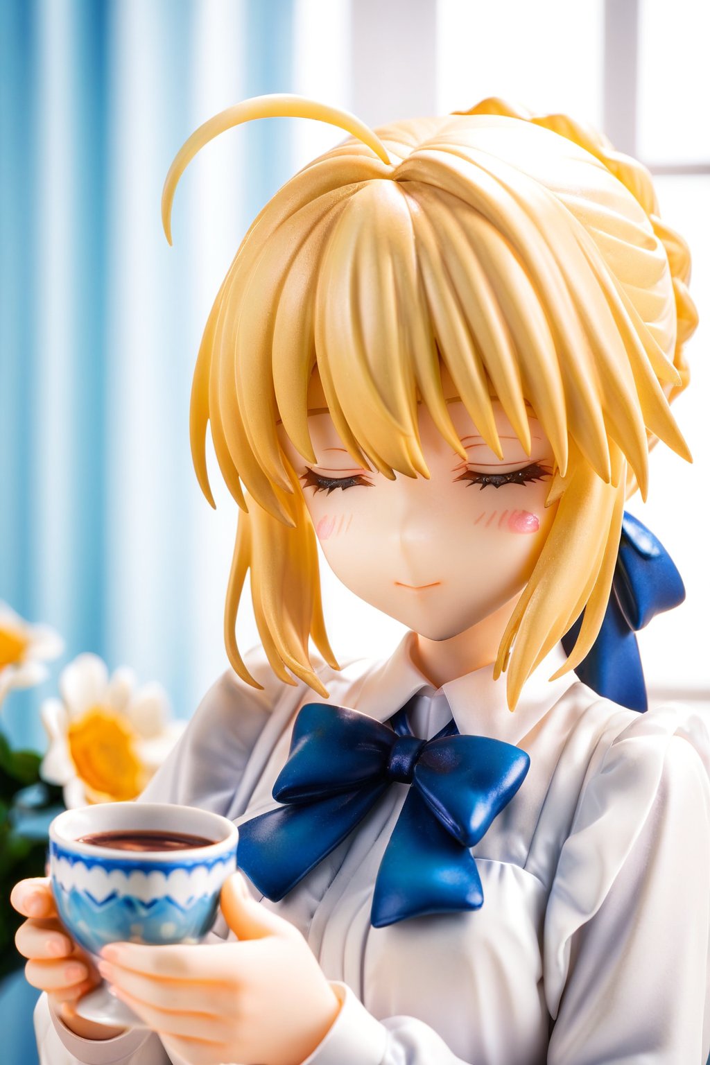 masterpiece,best quality,ultra-detailed,high resolution,perfect anatomy,beautiful detailed eyes, 1girl, solo, short hair, bangs, blonde hair, shirt, long sleeves, bow, ribbon, holding, closed eyes, hair ribbon, white shirt, upper body, braid, flower, ahoge, sidelocks, collared shirt, indoors, bowtie, cup, neck ribbon, blue bow, blush stickers, blue ribbon, blouse, holding cup, facing viewer, = =, blue bowtie, yunomi, artoria pendragon \(fate\), saber,saberB,score_9,score_8_up,score_7_up,3D,PVC Style,perfect hands,detailed hands