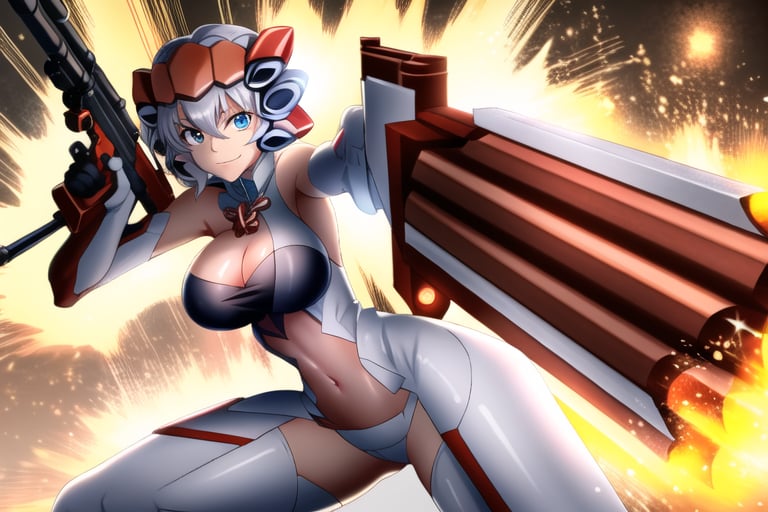 Close-up shot of YukineChris, her eyes locked intensely on the lens as she holds a futuristic-looking Gatling gun in each hand. The guns' rotating barrels spin rapidly, casting a metallic whirring sound against the darkened background. Her pose exudes confidence and authority, with one gun pointing directly at the camera while the other is cocked and ready to fire.