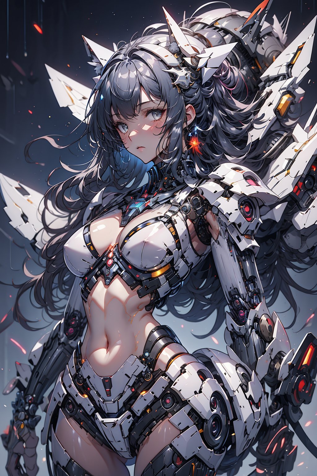 1girl,Wolf_girl,mecha_musume,(bikini_armor), exposed_bellybutton, long_hair(black),black_hair, black_,mecha_girl_figure,Energy light particle mecha,robot_wolf,mecha,(full_body),robot were-wolf(large_claws)