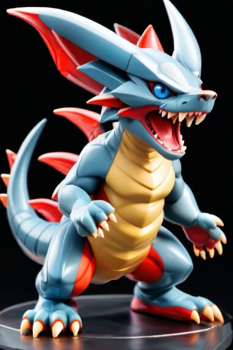 solo, open mouth, blue eyes, simple background, standing, full body, tongue, tongue out, pokemon \(creature\), no humans, fangs, black background, claws, animal focus,3D,PVC,Th3Dru1d5,red_scales,Large_claws