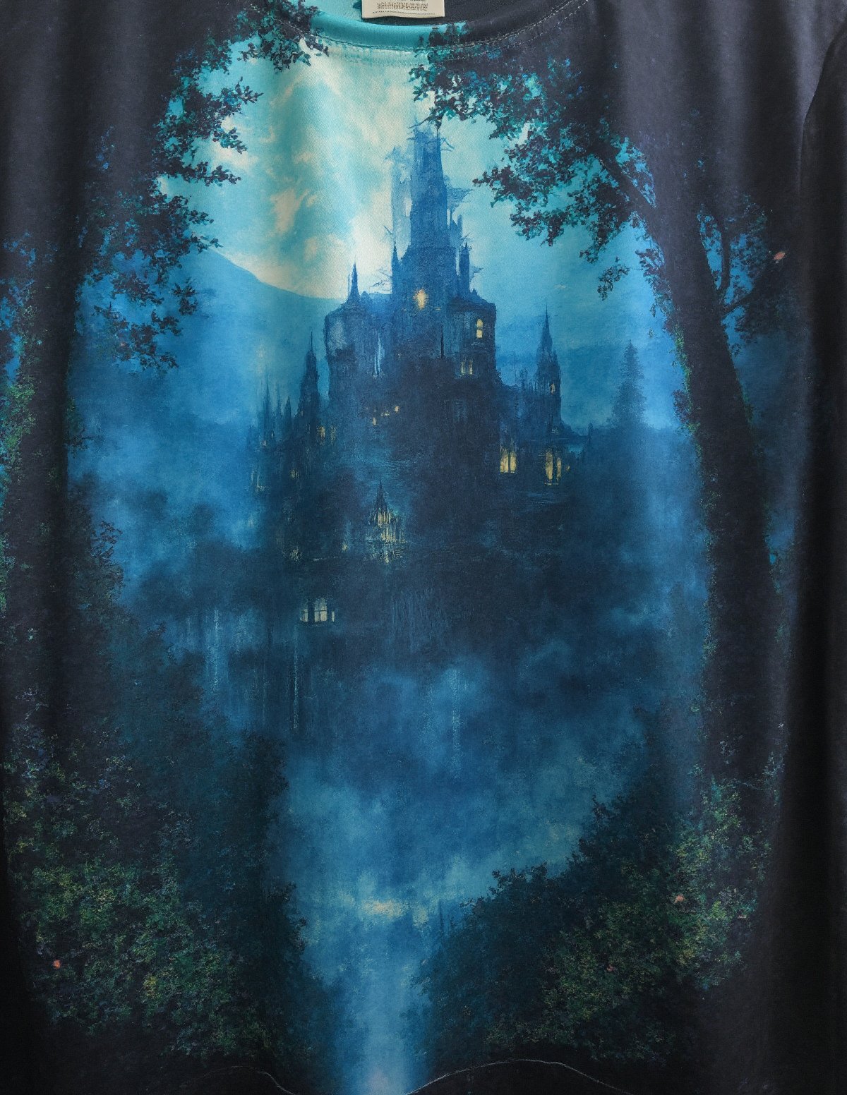 T_shirt,Design(Illustration, ukiyo-e, vivid, colorful, masterpiece of high-contrast shadow and light, a gothic castle sitting on edge of a forbidden mystical forest, moonlight, (fog and moonbeams:1.2), (pure black:1.3), and (darkness:1.3), mysticism, fantasy, gothic horror, glowing flora, magical phenomena, ultra realistic painting, intricate, High Detail, Sharp focus, realism, darkness., Katsuhiro Otomo style, superb detail, fantastic, mysterious, detailed background, It must not be commonplace, Must have a very complex structure, Must have a very high degree of randomness, Must be an image that no one has ever seen before, It has to be very original, Must have tremendous detail, It has to be of the highest artistic quality, It has to be the ultimate, Failure is not an option(,full length shirt