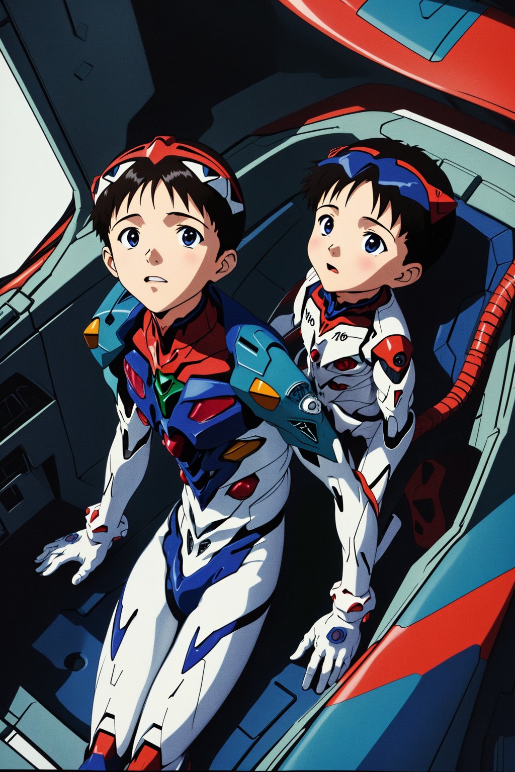 multiple_views,  1boy Shinji ikari piloting eva01(evangelion mecha) as a baby. Baby Shinji is seen in the cockpit in his p...