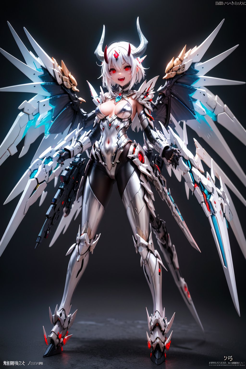 solo, red eyes, 1boy, male focus, wings, horns, teeth, armor, glowing, sharp teeth, black background, glowing eyes, claws, monster,masterpiece,best quality,mecha musume,bodysuit