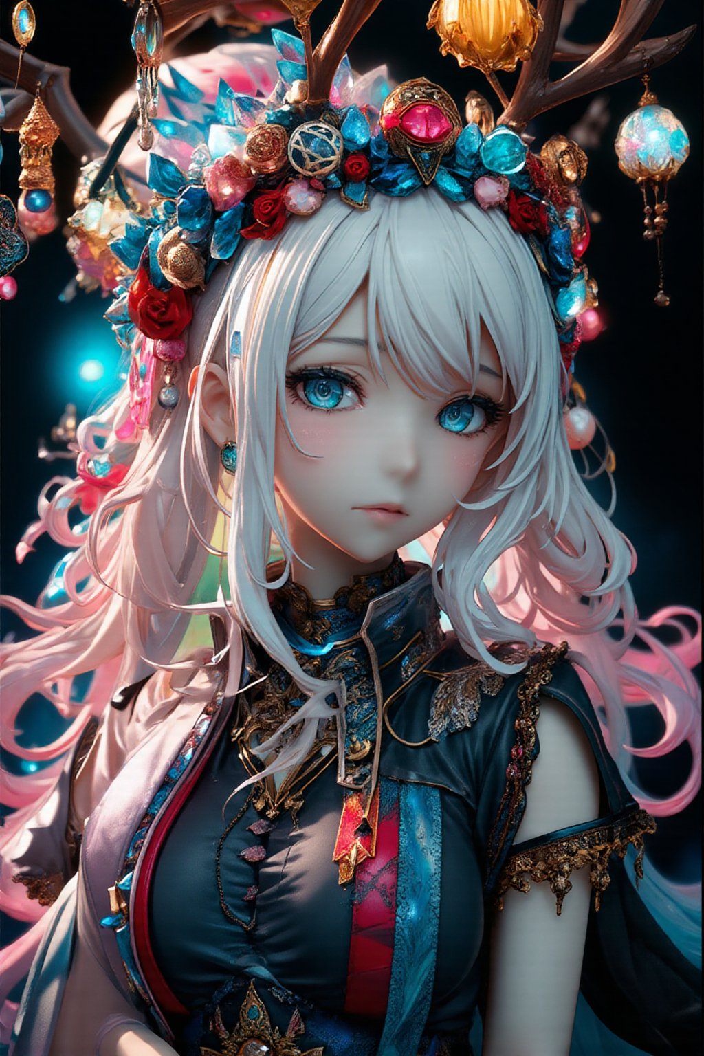 albino demon girl, (Long deer horn: 1.2) ,A shaman with deer antlers,(many ornaments hanging from the horn),crazy alternate hairstyle, amazingly intricately hair,colorful color hair, each braid painstakingly created,decorated with delicate accessories and beads,aesthetic,Beautiful Blue eyes, ,Rainbow haired girl ,dal-1, art nouveau,emo,1girl,Anime Style,a 3D rendering of a figurine 