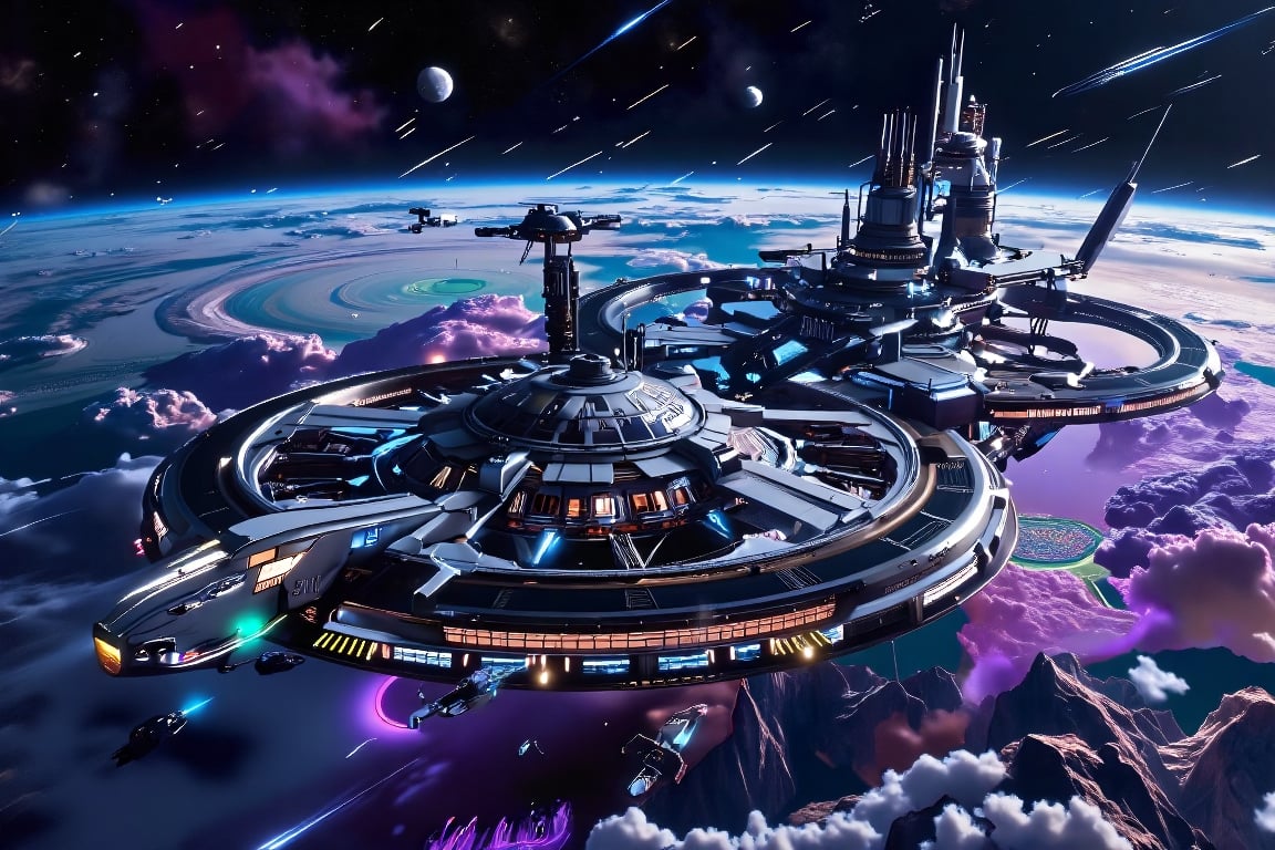 A massive,  futuristic space station,  its sleek metallic structure illuminated by the light of distant stars streaking ac...