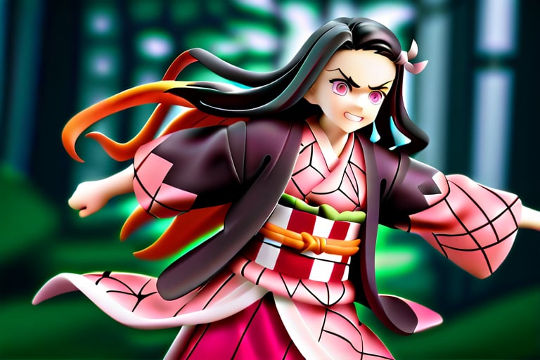 1girl,huge muscle,muscular,nezuko kamado,single horn,angry,fang,clenched teeth,black hair, forehead,hair ribbon, long hair, multicolored hair, pink eyes, orange hair, slit pupils, wavy hair, two-tone hair, asa no ha (pattern), checkered sash, haori, japanese clothes, kimono, long sleeves, obi, pink kimono, sash, wide sleeves,forest, score_9_up, score_8_up,score_7_up,3D