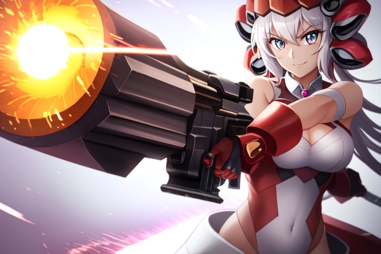 Close-up shot of YukineChris, her eyes locked intensely on the lens as she holds a futuristic-looking Gatling gun in each hand. The guns' rotating barrels spin rapidly, casting a metallic whirring sound against the darkened background. Her pose exudes confidence and authority, with one gun pointing directly at the camera while the other is cocked and ready to fire.