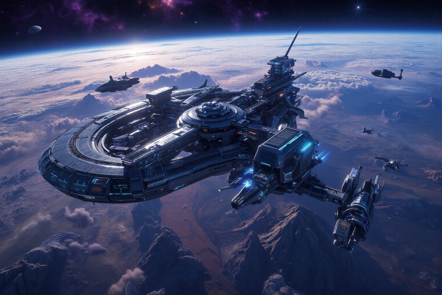 A massive,  futuristic space station orbits high above a sprawling alien planet,  its sleek metallic structure illuminated...
