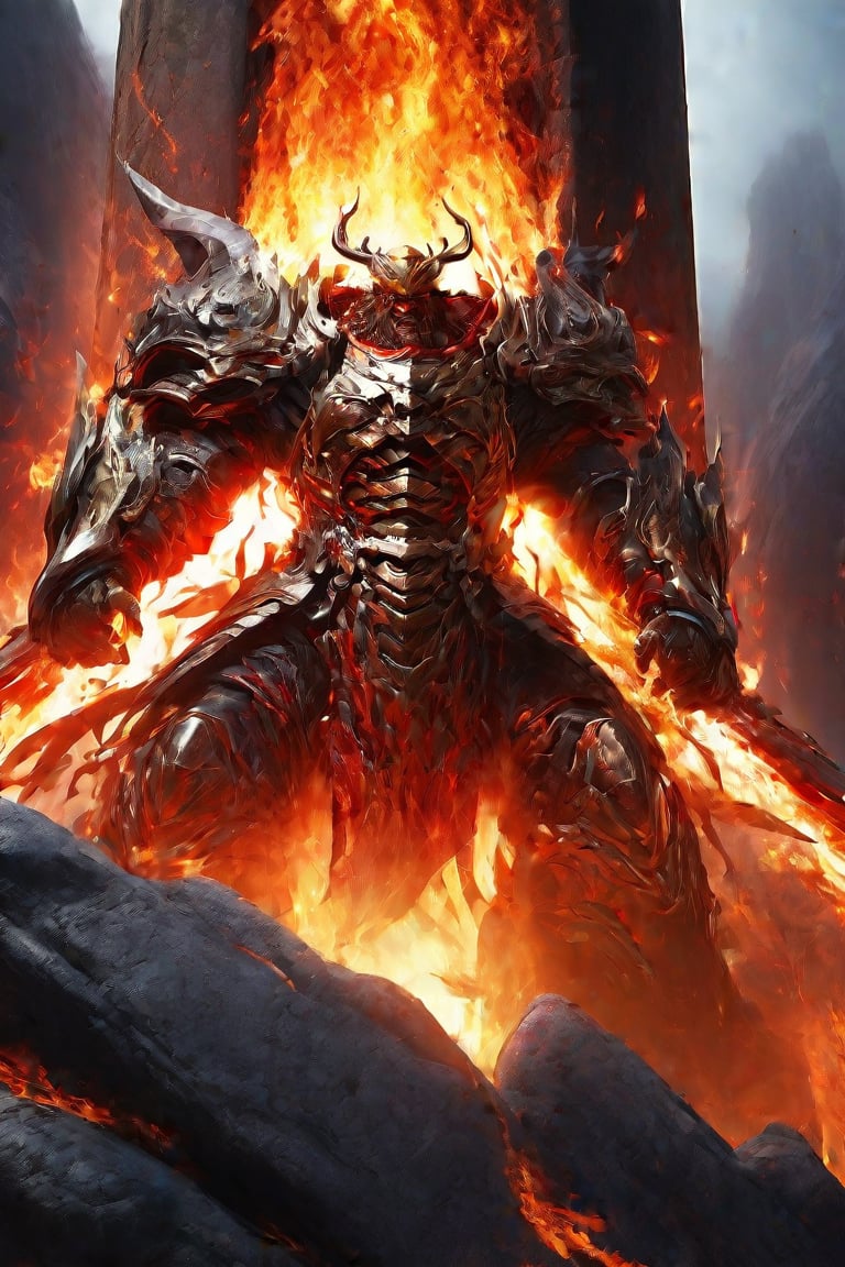 solo, open mouth, teeth, armor, no humans, fangs, fire, monster, pillar, molten rock,vibrant_colors,high_resolution,